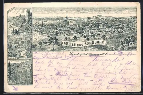 Lithographie Bonndorf / Baden, Bad Boll, Roggenbacher Schlösser, Steinabad