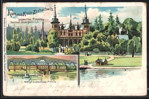 Lithographie Dresden-Zschachwitz, Kurhaus Klein-Zschachwitz, Bes. Josef Heinrich, Königl. Lustschloss Pillnitz