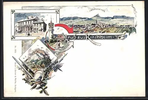 Lithographie Kirchheim u. T., Gasthof, Teckthurm, Hohen Neussen