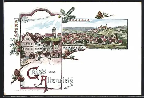 Lithographie Altensteig, Gasthof z. Waldhorn, Ortspanorama