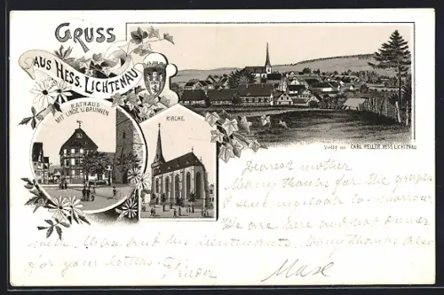 Lithographie Hess. Lichtenau, Rathaus mit Linde u. Brunnen, Kirche, Wappen