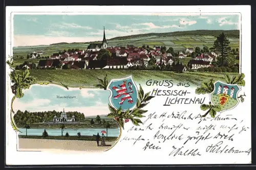 Lithographie Hessisch-Lichtenau, Mausoleum, Wappen, Ortsansicht mit Kirche