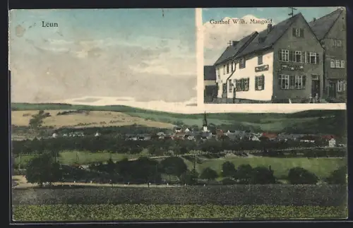 AK Leun, Gasthof Wilh. Mangold, Ortspanorama