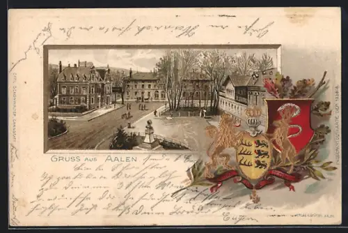 Passepartout-Lithographie Aalen, Partie im Ort, Wappen