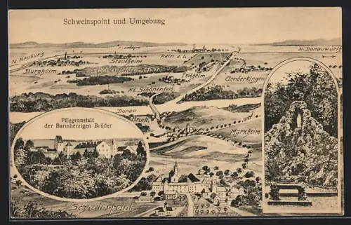 AK Schweinspoint, Pflegeanstalt der Barmherzigen Brüder, Karte mit Orten der Umgebung, Marxheim, Bruck