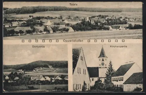 AK Oppertshofen, Totale, Dorfpartie, Kirchenpartie, Ortsansicht mit Feldern der Umgebung