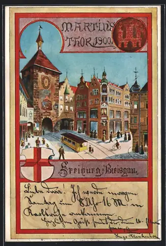Künstler-AK sign. H. Dischler: Freiburg i. Breisgau, Martinstor 1900, Strassenbahn