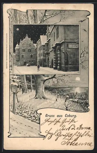 Grusskarten-AK Coburg, Winterliche Strassenansicht und Uferpartie