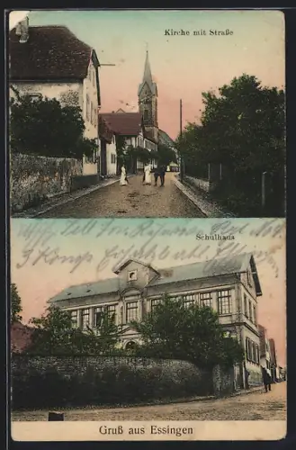 AK Essingen / Pfalz, Kirche mit Strasse, Schulhaus
