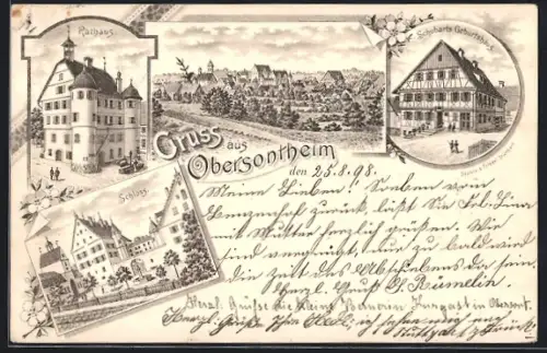 Lithographie Obersontheim, Rathaus, Schubarts Geburtshaus, Schloss