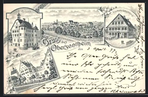 Lithographie Obersontheim, Rathaus, Schloss, Schubarts Geburtshaus