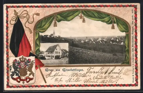 Passepartout-Lithographie Grossbettlingen, Gasthaus, Ortspanorama, Wappen und Flagge