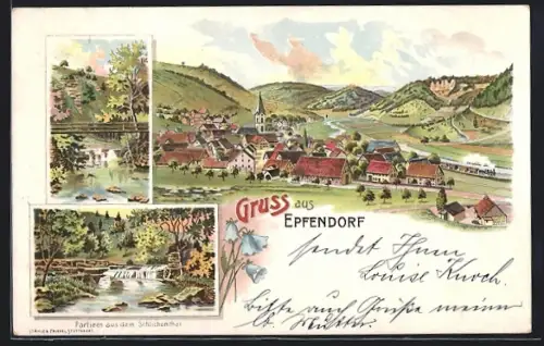 Lithographie Epfendorf, Teilansicht, Brücke, Uferpartie