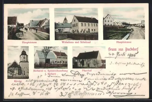 AK Buchdorf, Hauptstrasse, Pfarrhof, Wohnhaus & Schulsaal