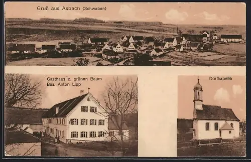 AK Asbach / Laugna, Gasthaus z. grünen Baum, Bes. Anton Lipp, Dorfkapelle
