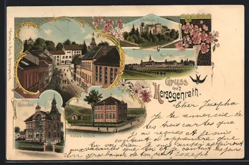Lithographie Herzogenrath, Villa Katterbach, Höhere Schule, Villa Katten