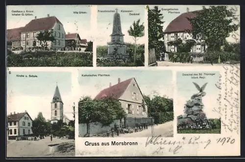 AK Morsbronn, Gasthaus z. Krone, Inh. G. Urban, Denkmal des 32. Thüringer Infant. Regt., Französisches Kürassier-Denkmal