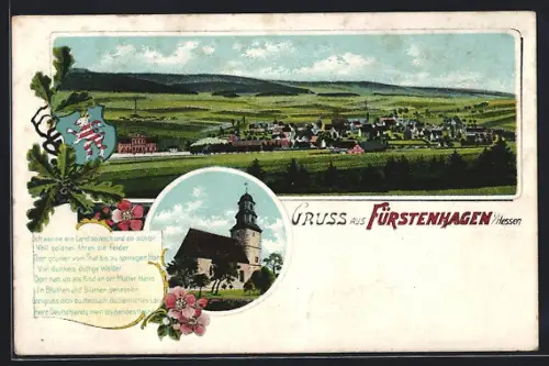 Lithographie Fürstenhagen / Hessen, Kirche, Gesamtansicht, Eisenbahn, Wappen