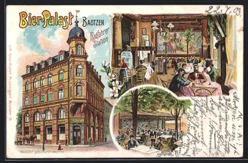 Lithographie Bautzen, Gasthof Bier-Palast, Innen- und Aussenansicht