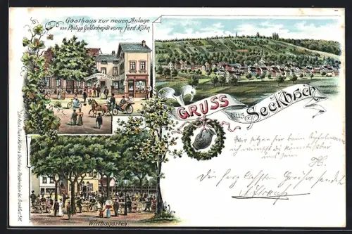 Lithographie Frankfurt-Seckbach, Ortsansicht, Gasthaus zur neuen Anlage-Gebäude und Garten