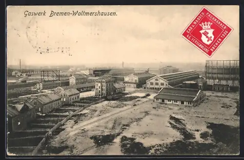 AK Bremen-Woltmershausen, Gaswerk aus der Vogelschau