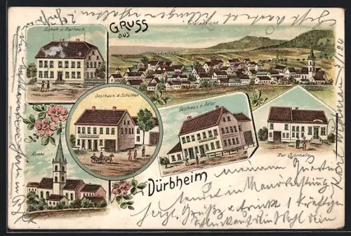 Lithographie Dürbheim, Gasthaus z. Schützen, Gasthaus z. Adler, Schule und Rathaus, Kirche