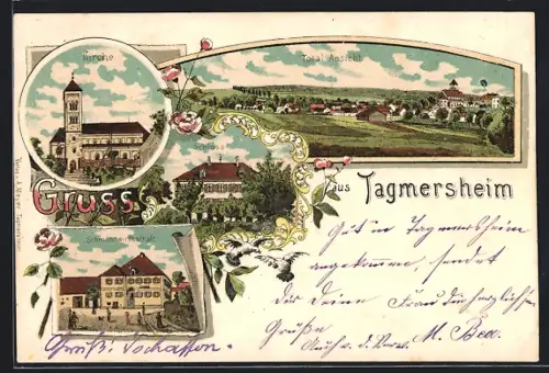 Lithographie Tagmersheim, Kirche, Schloss, Schmiedwirtschaft