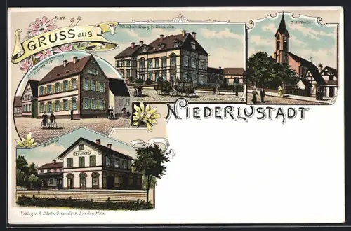 Lithographie Niederlustadt, Gasthaus v. Heinrich Ott, Bahnhof, Kirche