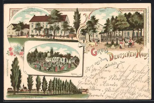 Lithographie Stiebitz, Gasthof zum Deutschen Haus mit Garten