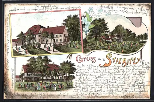 Lithographie Stiebitz, Gasthaus und Gartenansicht