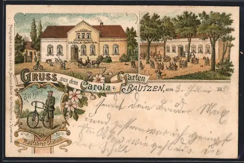 Lithographie Bautzen, Gasthaus Carola-Garten, Radfahrer-Station