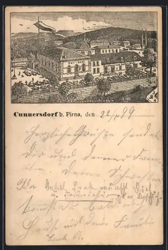 Lithographie Cunnersdorf b. Pirna, Gasthaus zum heitern Blick, Ball- und Concertsaal