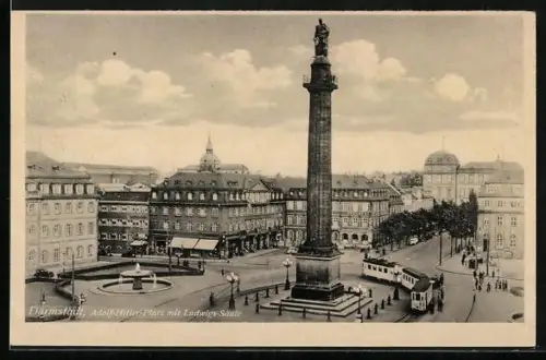 AK Darmstadt, Platz mit Ludwigs-Säule, Strassenbahn