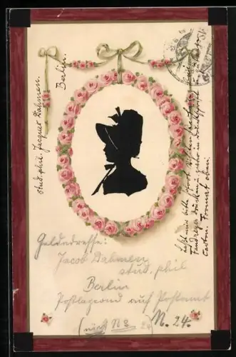 AK Schattenbild, Frau mit Hut im Rosenkranz, Biedermeier