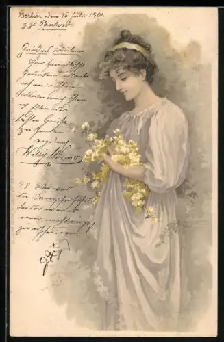 AK Fräulein im Kleid mit Blumen, Jugendstil