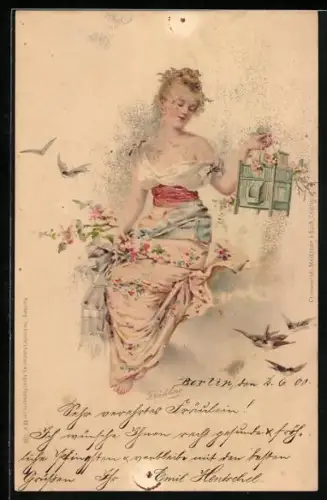 AK Junge Frau mit einem Vogelkäfig, Jugendstil