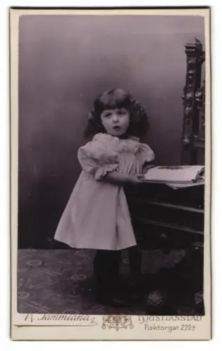 Fotografie Rudolf Sammland, Kristianstad, Fisktorget 222A, Kleines Mädchen mit Buch