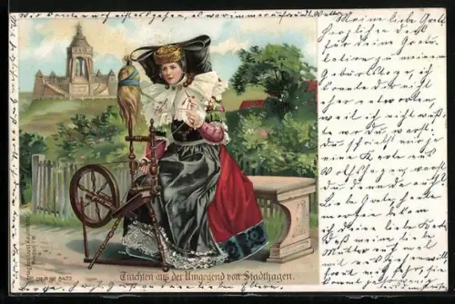 Lithographie Stadthagen, Spinnerin in Tracht der Umgebung, Denkmal