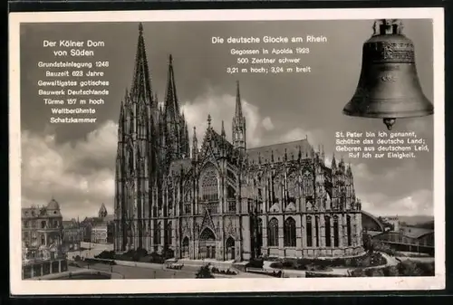 AK Köln, Dom von Süden, Deutsche Glocke am Rhein / St. Peter