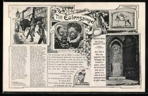 AK Mölln i. Lbg., Till Eulenspiegel, Szenen, Gedicht, Denkmal