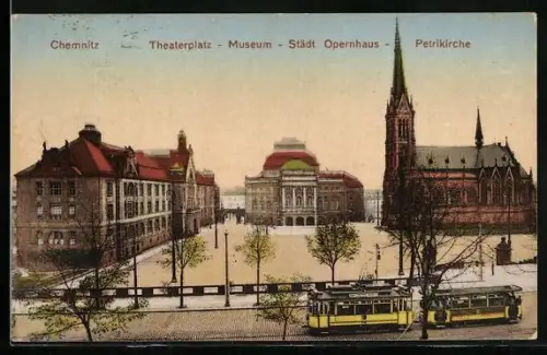 AK Chemnitz, Theaterplatz mit Museum, Opernhaus und Petrikirche, Strassenbahn