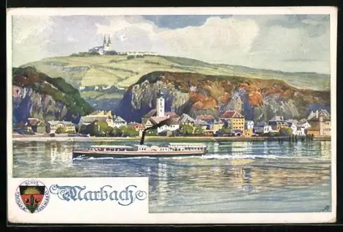 Künstler-AK Marbach, Blick über die Donau zum Ort mit Dampfer, Deutscher Schulverein