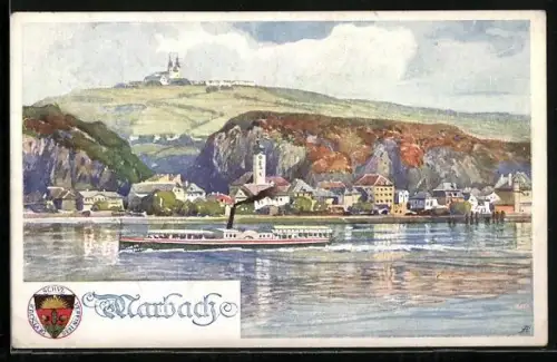 Künstler-AK Marbach, Blick über die Donau zum Ort mit Dampfer, Deutscher Schulverein