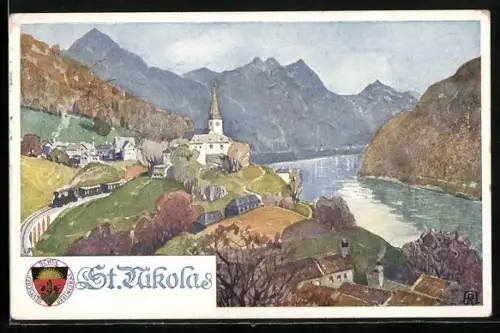 AK Deutscher Schulverein Nr. 285: St. Nikola an der Donau, Uferpartie mit Kirche und Eisenbahn