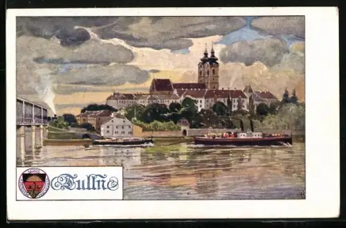 AK Deutscher Schulverein NR 385: Tulln, Ortsansicht, Dampfer
