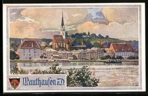 Künstler-AK Mauthausen a. D., Ortsansicht im Abendlicht, Deutscher Schulverein