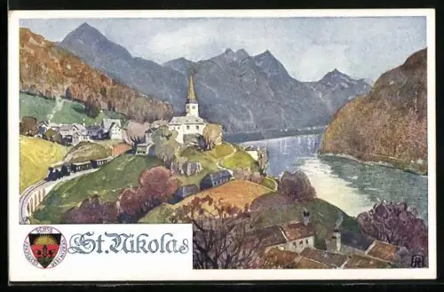 Künstler-AK Deutscher Schulverein Nr. 285: Zug auf der Fahrt durch St. Nikolas