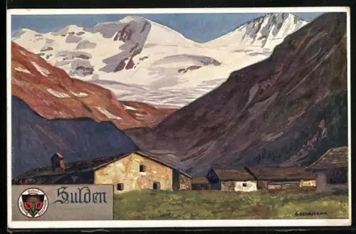 Künstler-AK Sulden, Teilansicht mit Bergen, Deutscher Schulverein