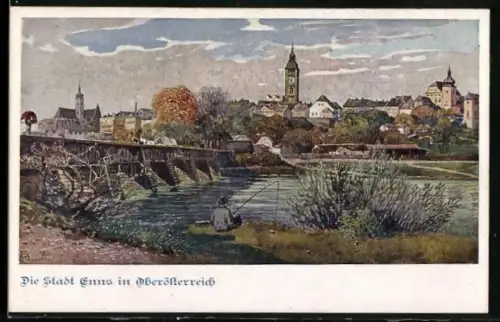 Künstler-AK Enns, Ortsansicht mit Brücke