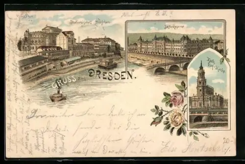 Vorläufer-Lithographie Dresden, 1895, Italienisches Dörfchen, Kath. Hof-Kirche, Jägerkaserne